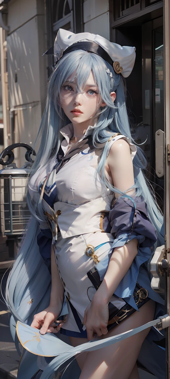 Close-up of a man with long blue hair in a sailor's costume, an anime drawing inspired by Rei Kamoi, trending on pixiv, tachisme, Anime girl cosplay, Anime girl in real life, long  white hair, Perfect white haired girl, She has a cute face, anime-inspired, She has milky white skin!!!, as an anime character，Super big breasts，exposed