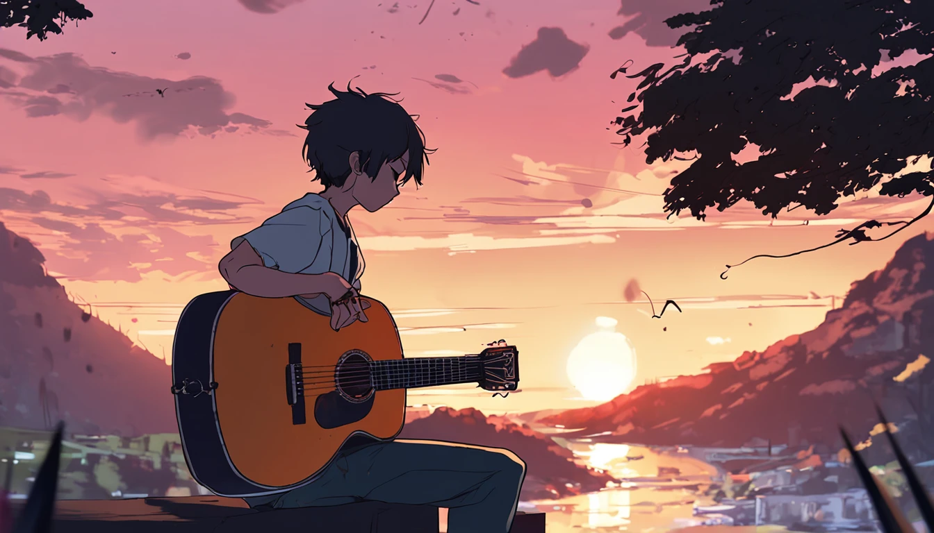 Anime boy sitting on a ledge playing a guitar at sunset, Anime Art Wallpaper 8K, Anime Art Wallpaper 4K, Anime Art Wallpaper 4K, Estilo anime 4K, 4k anime wallpapers, 4k anime wallpapers, 4k anime wallpapers, Wallpapers manga 4K wallpapers, Makoto Shinkai Cirilo Rolando, the girl plays the guitar, menina lofi