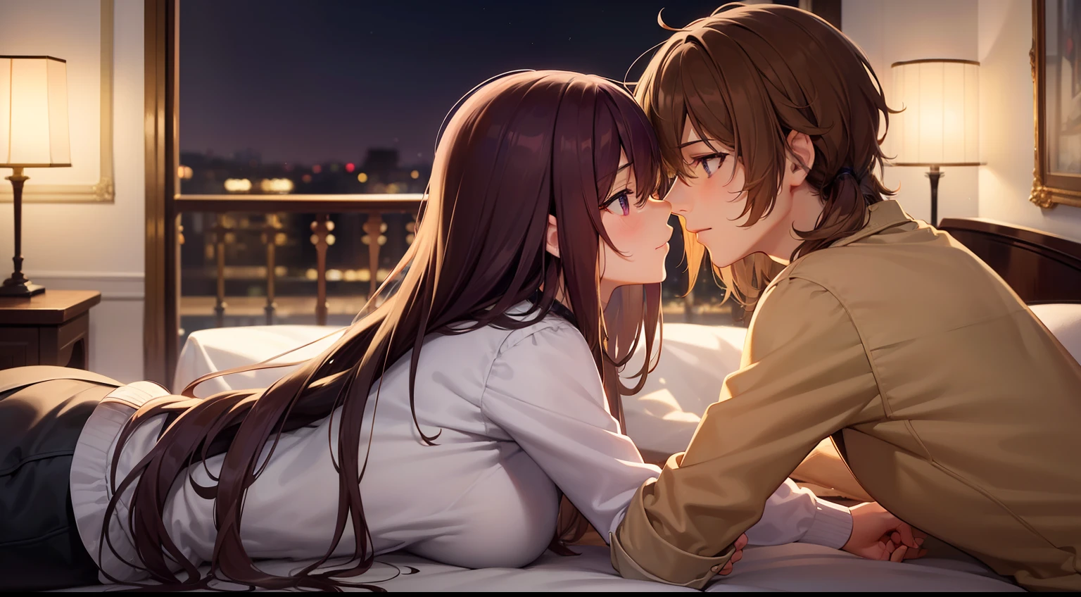 Anime couple kissing in bed in a bedroom with city lights - SeaArt AI