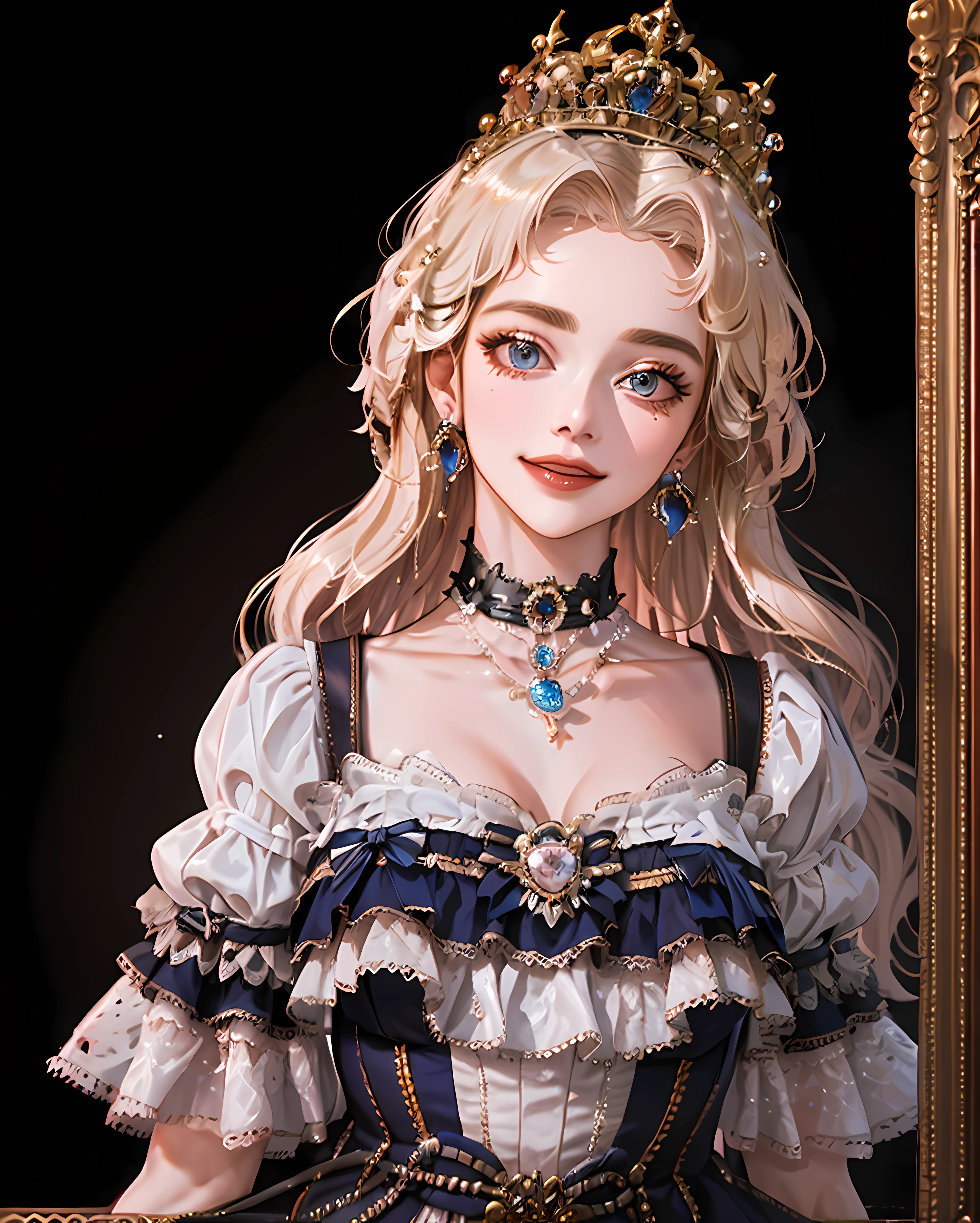 masterpiece, best quality, absurdres, 1girl, solo, (mature female), tall female, princess, long hair, wavy hair, blonde hair, happy and graceful, blue eyes, round eyes, thin eyebrows, big smile, tiara on the head, pearl earring, pink dress, white lace collar, pink ribbon, looking at viewer, gentle gaze, soft and pastel tones, medium shot,rim light, backlighting, diffused lighting, volumetric lighting, sparkles, necklace