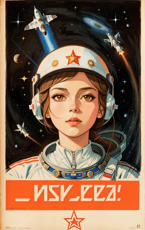 shepardic poster of a woman in a space suit with a star on her head, portrait anime space cadet girl, artgerm jsc, jen bartel, girl in space, soviet propaganda poster style, portrait armored astronaut girl, soviet propaganda art, soviet propaganda style, s...