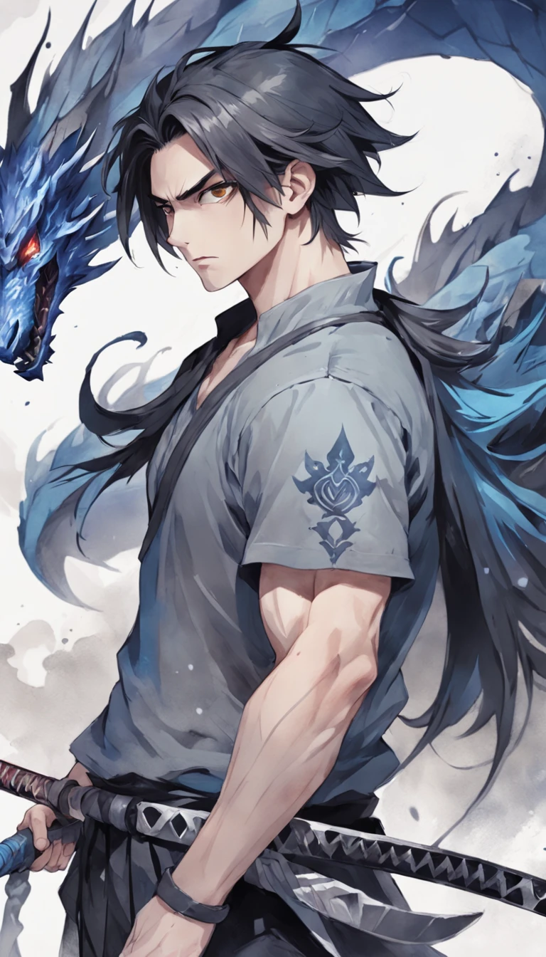 t-shirt design, illustration watercolor, centered art, Dragon background, Watercolor painting style, ))) yasuo , league of legends, yasuo_ (league_of_legends), weapon, 1boy, solo, male focus, sword, greyscale, ponytail, long hair, manly, holding, scar, upper body, incredibly attractive, rita rita rossweisse , gothic colors, mood of tension and terror, Artlist_Milli-Liter, watercolor style, ink style, sketch style, hand-painted lines, Edge line, ink mark, Pencil line, vivid colors, 1boy, upper body, stunningly attractive, Rita rita rossweisse,