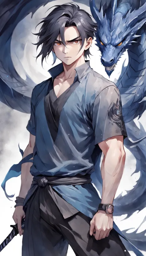 t-shirt design, illustration watercolor, centered art, Dragon background, Watercolor painting style, ))) yasuo , league of legends, yasuo_ (league_of_legends), weapon, 1boy, solo, male focus, sword, greyscale, ponytail, long hair, manly, holding, scar, upp...