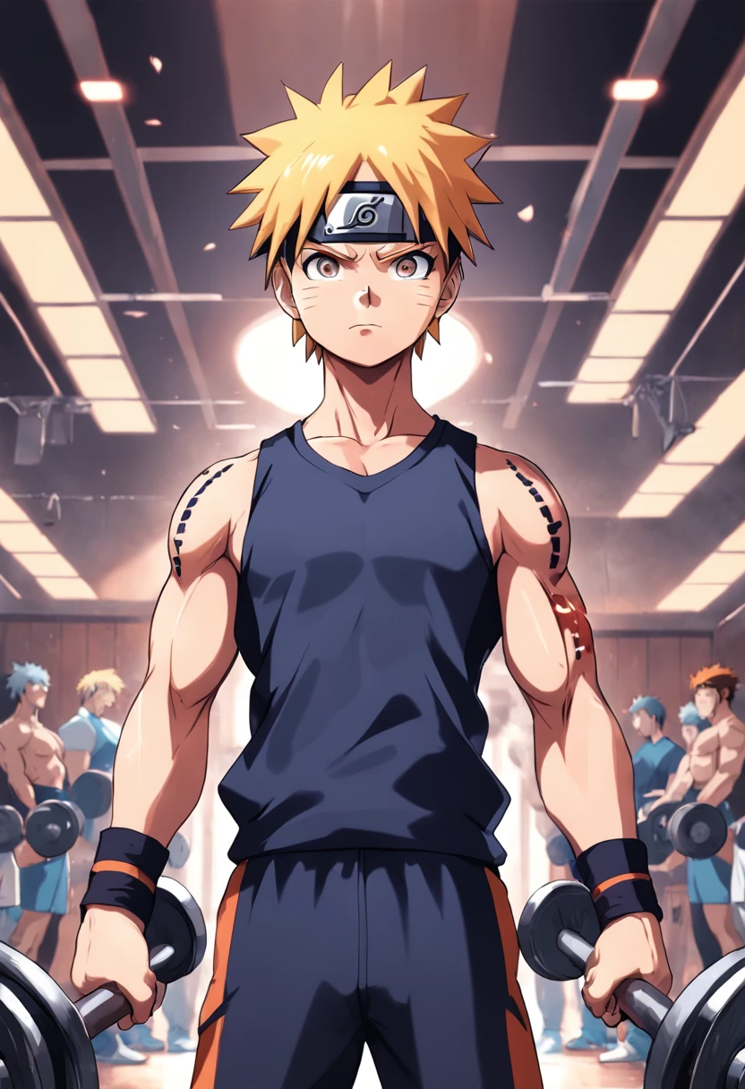 a detailed illustration of Naruto in gym clothes training intensely in ...