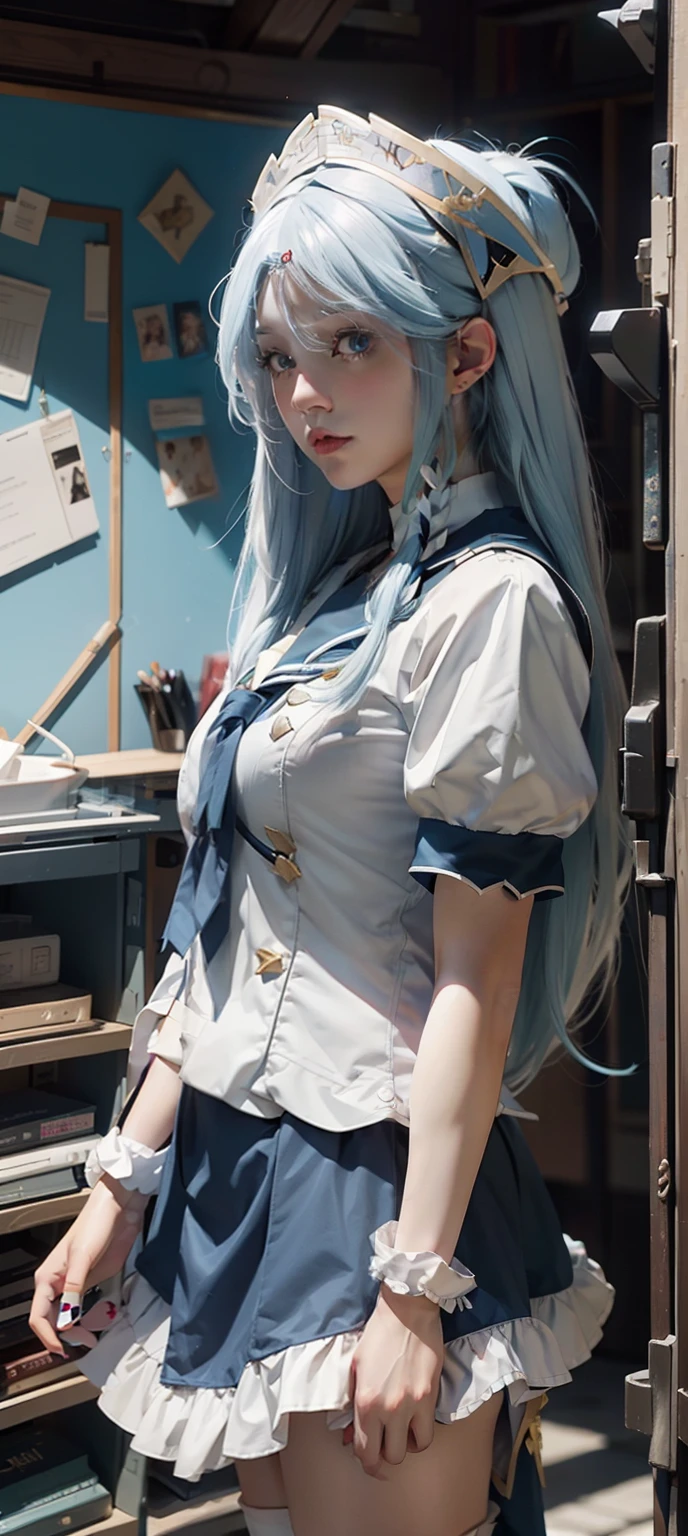 Nahaufnahme eines Mannes mit langen blauen Haaren im Matrosenkostüm, eine von Rei Kamoi inspirierte Anime-Zeichnung, Trends auf Pixiv, Tachismus, Anime-Mädchen-Cosplay, Anime-Mädchen im wirklichen Leben, langes weißes Haar, Perfektes weißhaariges Mädchen, Sie hat ein süßes Gesicht, Anime-inspiriert, Sie hat milchig weiße Haut!!!, als Anime-Figur，super große Brüste，Ausgesetzt