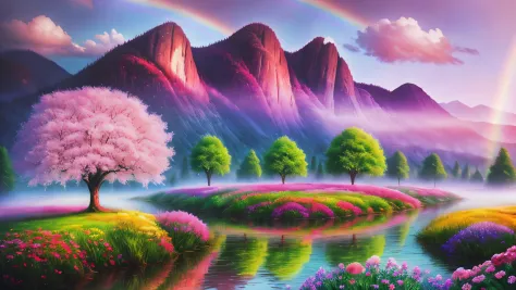 Gorgeous surrealistic landscape with a dreamy atmosphere, featuring a majestic tree in the center, surrounded by a beautiful riv...