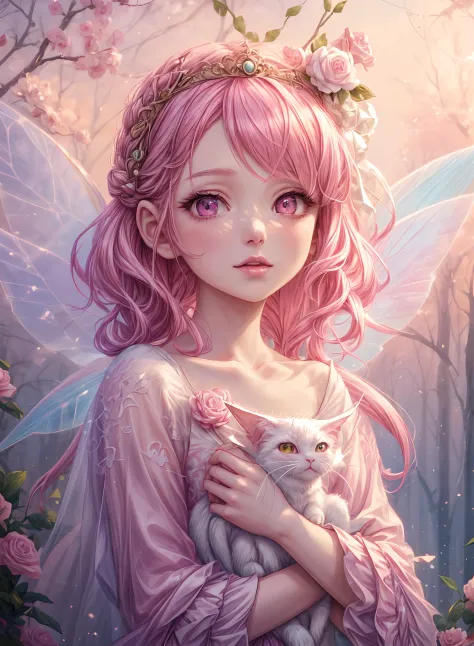 there is a girl with pink hair holding a white cat, portrait of fairy, portrait of a fairy, beautiful fairy, adorable digital pa...