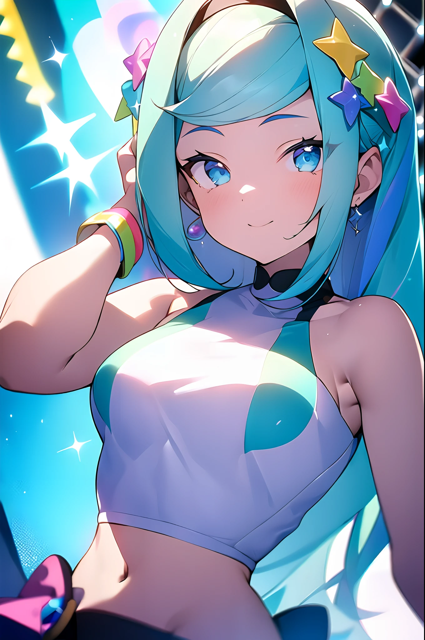 (Masterpiece) (The best quality) (Perfect face) A girl dressed in the seapunk style and with a striking wig of a very bright and striking color. She's on stage at a comic convention., There is good light. She is doing an exhibition. ((big breasts)) (fitness body)