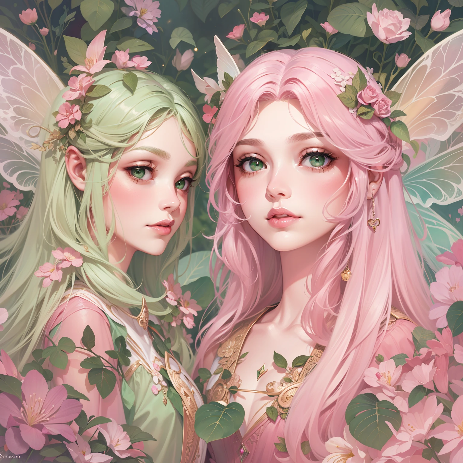 Two beautiful fairy girls with pink hair and green eyes - SeaArt AI