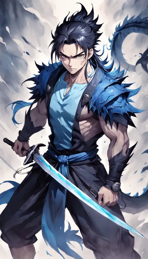 T-shirt design, illustration watercolor, centered artwork, fierce dragon background, watercolor painting style, ))) yasuo, league of legends, yasuo_(league_of_legends), weapon, 1man, solo, male focus, sword, grayscale , ponytail, long hair, manly, fierce, ...