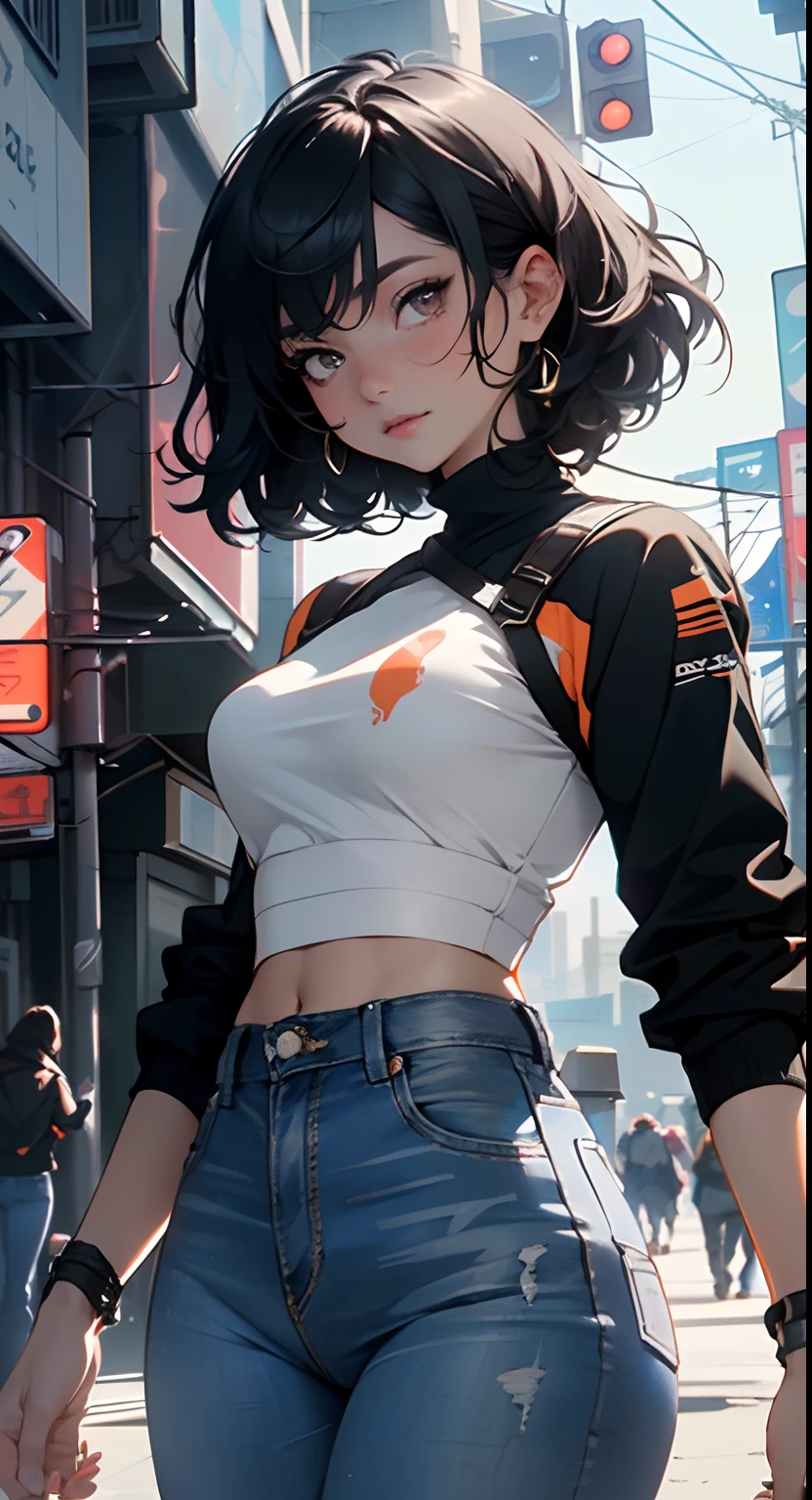 девушка космопанк,(((1 девушка))),((extremely Милый and beautiful black  curly-haired anime girl walking down the street)), (короткая грудь:1.4),(((черные  вьющиеся волосы:1.35 - SeaArt AI