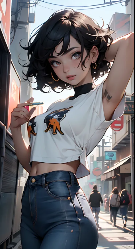 girl r,(1girl:1.3),((extremely cute and beautiful green curly-haired  anime girl walking down the street)), (short breasts:1.4),(((green curly  hair:1.35 - SeaArt AI
