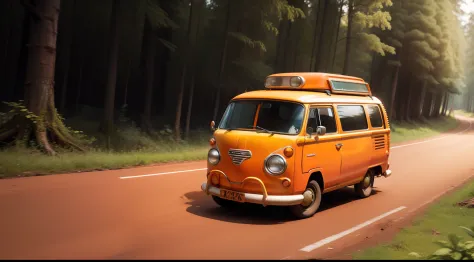orange kombi car, running in the middle of a forest,style of a Disney Pixar cartoon