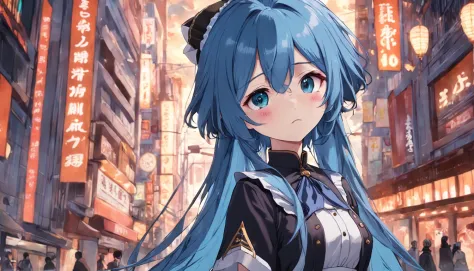 blue  hair，short detailed hair，Beth，the maid outfit，adolable，Reim