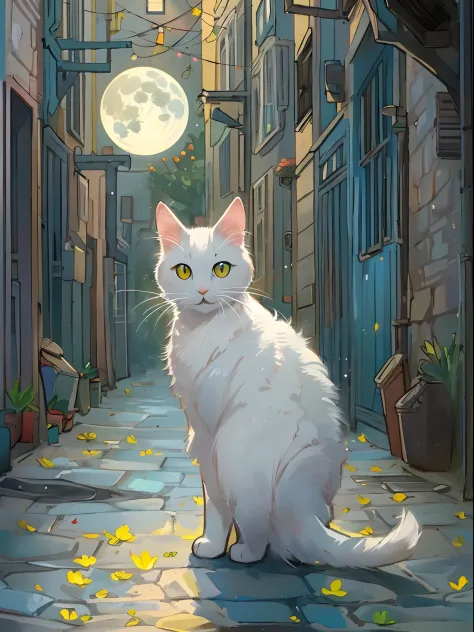 White cat（（iridescent））, cute little, big eye, ​masterpiece, fullmoon, alleyway、With cats