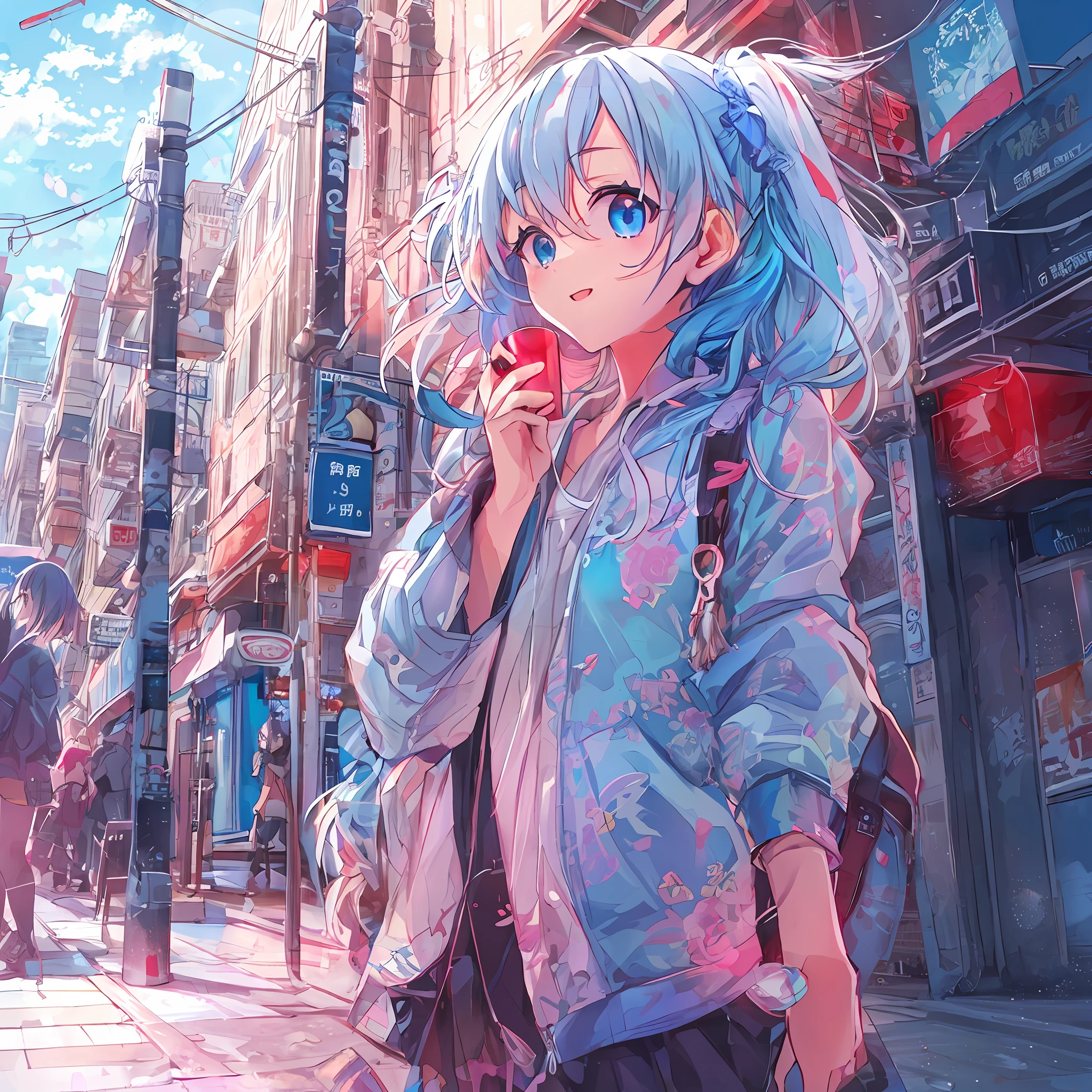 absurderes, hight resolution, (Anime style:1.1), ((masutepiece)), ((Best Quality)), (Ultra-detailed), (Beautiful), solo, Beautiful face、(liftup),Cute  standing on the street of urban red light district,wind,Light blue hair, Blue eyes,Casual clothing,Blue sky,Laugh,Looking at Viewer,Lens Flare,Dramatic,