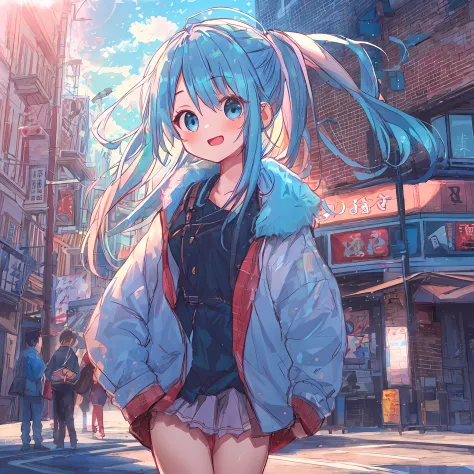 absurderes, hight resolution, (Anime style:1.1), ((masutepiece)), ((Best Quality)), (Ultra-detailed), (Beautiful), 独奏, Beautiful face、(liftup),Cute little girl standing on the street of urban red light district,Wind,Light blue hair, Blue eyes,Very Long Pon...