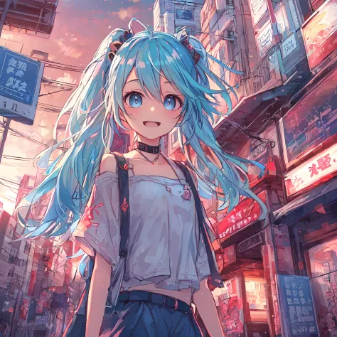 absurderes, hight resolution, (Anime style:1.1), ((masutepiece)), ((Best Quality)), (Ultra-detailed), (Beautiful), 独奏, Beautiful face、(liftup),Cute little girl standing on the street of urban red light district,Wind,Light blue hair, Blue eyes,Very Long Pon...