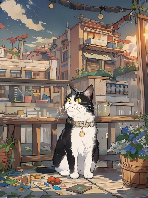 top-quality、Masterpiece、８k、Accompanied by a cat（（Cute cat））、the morning sun、A city scape