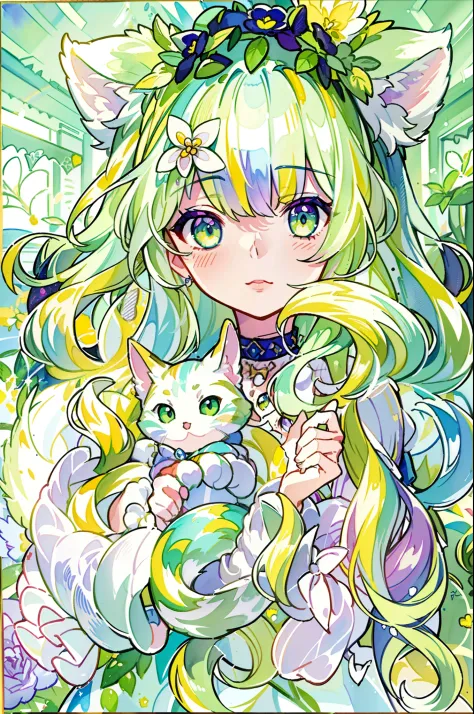 ((Best quality1.2))、((Masterpiece 1.2))、watercolor paiting、((Fashionable clothes))、((Take a cute cat 1.5))、white colors((rainbow...