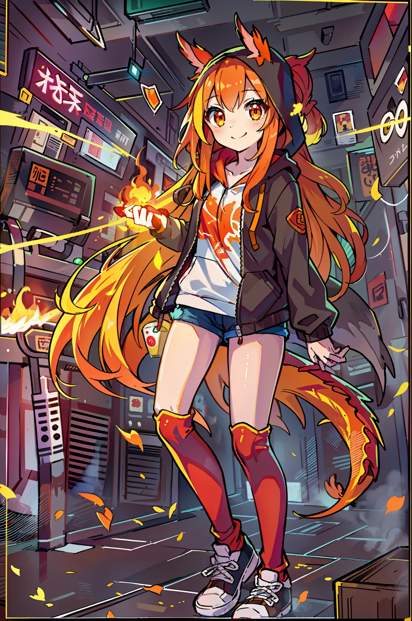 Best Quality, masutepiece, 超A high resolution, 1 girl, Long hair, Orange hair, Cute smile, Casual wear, Red hoodie, Fire effects, Dragon wings, Glowing orange eyes