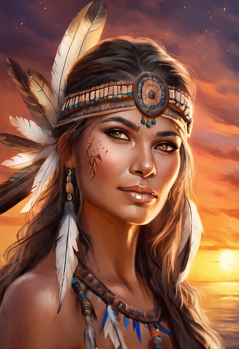 ultra detailed artistic photography, Native American beautiful Apache female, tee pee, moonlight, fire pit, feathers, sexy, dreamy, glowing, backlit, shadows, oil on canvas, smooth, ultra high definition, 8k, ultra sharp focus,  intricate artwork masterpiece, flowy outfit, highly detailed, vibrant, production cinematic character render, ultra high quality model