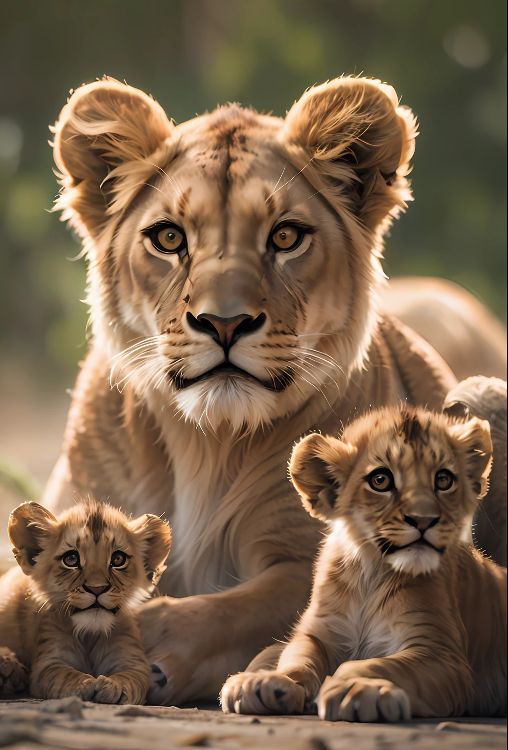 Slender elegant lioness with short hair and large almond-shaped eyes with cute funny lion cubs.