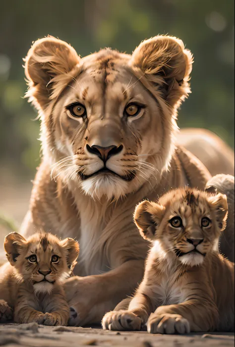 slender elegant lioness with short hair and large almond-shaped eyes with cute funny lion cubs.