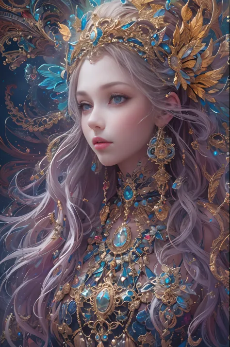 (masterpiece, top quality, best quality, official art, beautiful and aesthetic:1.2), (1 fantasy girl), extremely detailed, ornate jewellery, long shapeless hair, (fractal art:1.3),colorful,highest detail.
