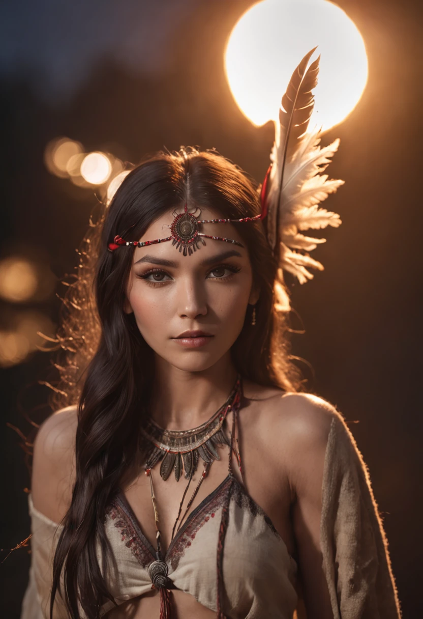 ultra detailed artistic photography, Native American beautiful Apache female, tee pee, moonlight, fire pit, feathers, sexy, dreamy, glowing, backlit, shadows, oil on canvas, smooth, ultra high definition, 8k, ultra sharp focus,  intricate artwork masterpiece, flowy outfit, highly detailed, vibrant, production cinematic character render, ultra high quality model