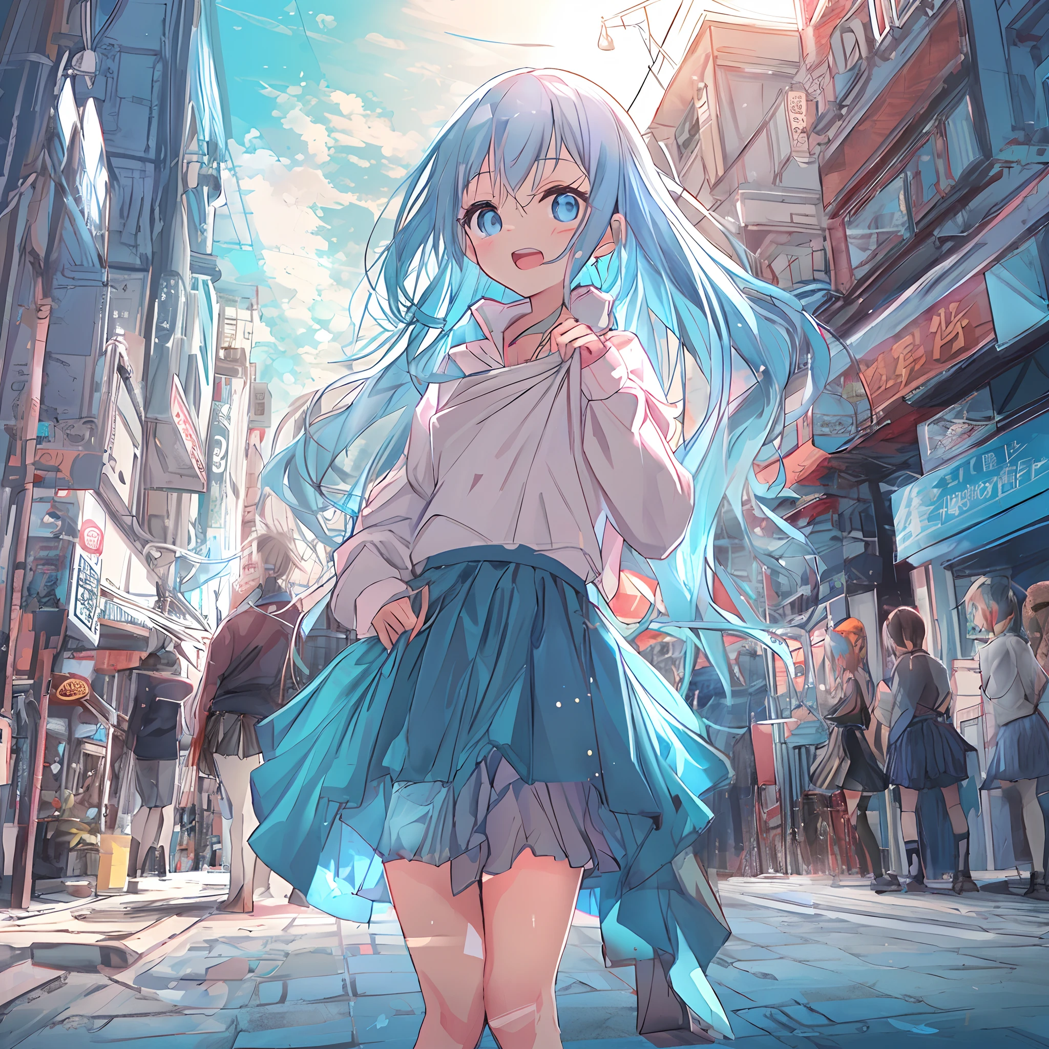 absurderes, hight resolution, (Anime style:1.1), ((masutepiece)), ((Best Quality)), (Ultra-detailed), (Beautiful), 独奏, Beautiful face、(liftup),Cute little girl standing on the street of urban red light district,Wind,Light blue hair, Blue eyes,Casual clothing,Blue sky,Laugh,Looking at Viewer,Lens Flare,Dramatic,(fullnude:1.3),(Lifted skirt:1.8)