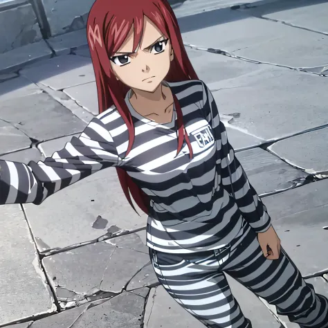 masterpiece, absurdities, erza\(fairy tail\), 1girl,female mature, (priclothes), (striped clothes), prisoner, clothes, clothing, outfit, shirt, long sleeves, (pants),