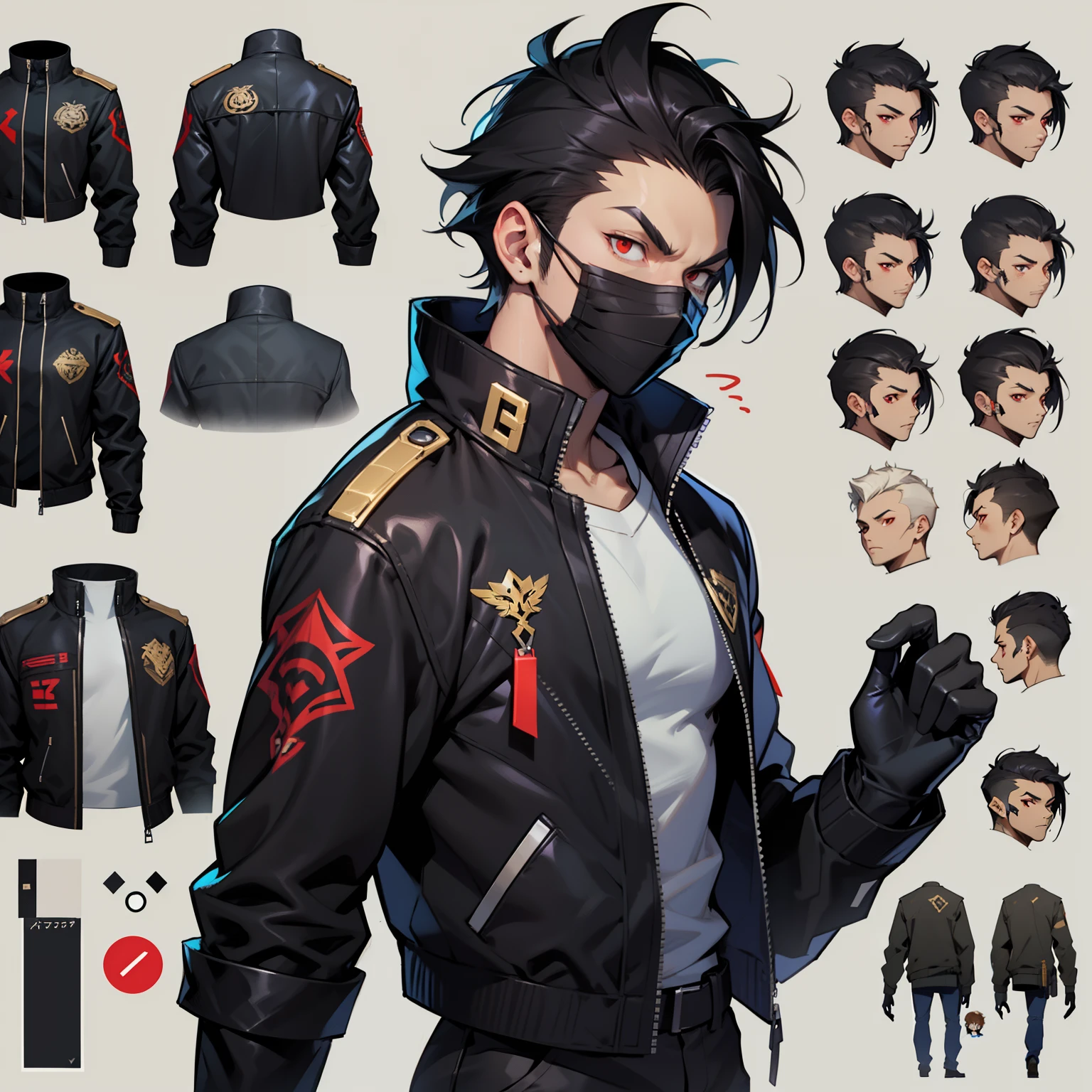 A man with a black jacket over a white shirt, black ClothMask , pushed back black hair , ((character concept art)), ((character design sheet, same character, front, side, back)) maple story character art, video game character design, video game character design, expert high detail concept art, metal bullet concept art, funny character design, Black pants ,BLACK MASK IN HIS MOUTH , BLACK JACKET OVER A WHITE SHIRT , PUSHED BACK HAIRCUT , black gloves , red eyes , Anime male style , BLACK MASK IN HIS MOUTH , BLACK JACKET OVER A WHITE T-SHIRT  , PUSHED BACK HAIRCUT, RED EYES , black gloves