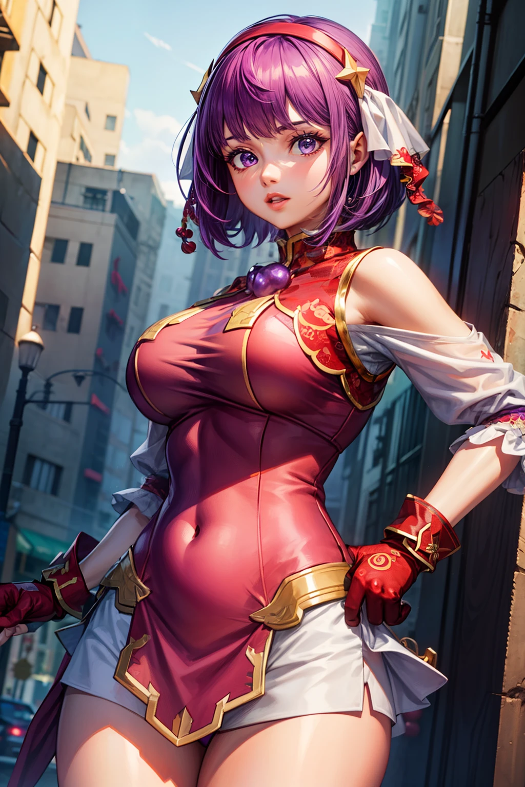 upper body, 1girl, thick lips, solo, AthenaMS, purple hair, red dress, red hairband, yellow star pin, chinese clothes, tatting, gloves, navel, fingerless gloves, medium breasts, crotch