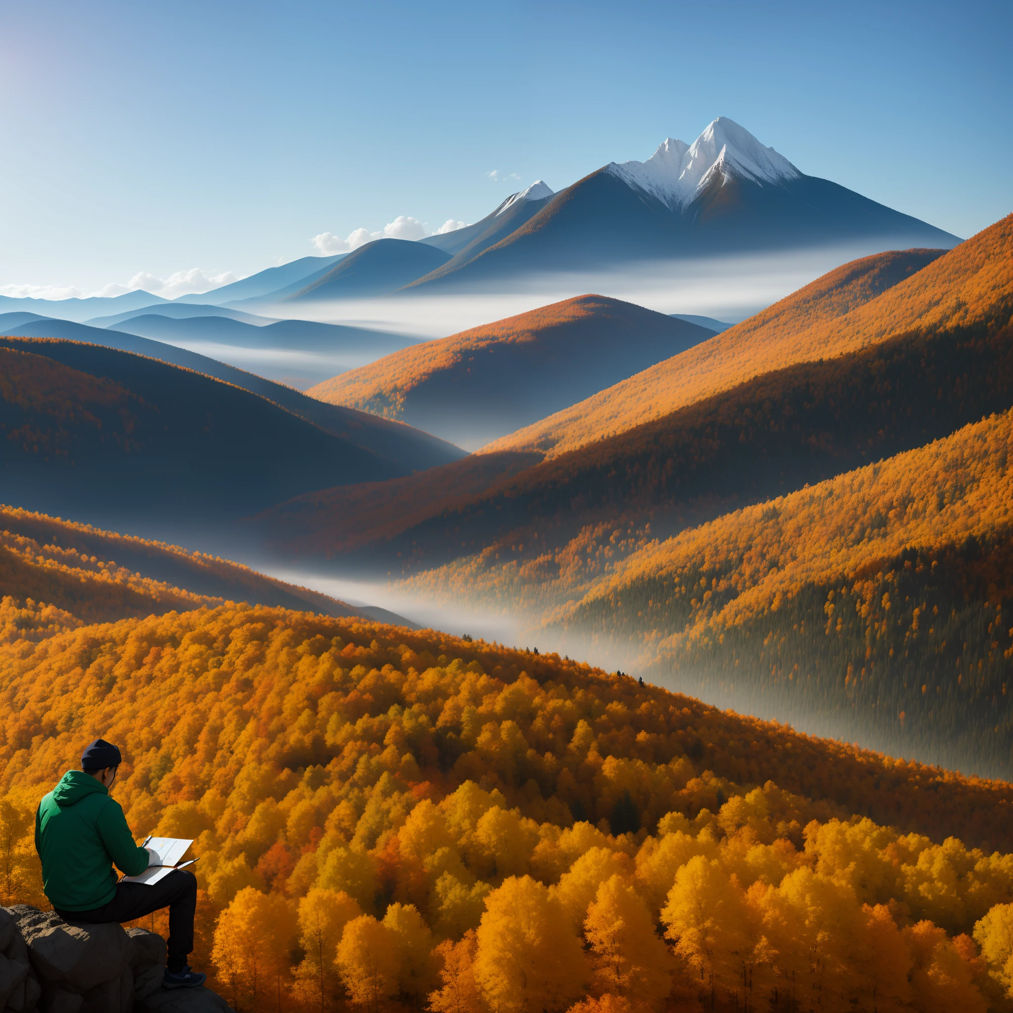 Un jeune père grand，Assis seul sur les pentes de la colline d&#39;automne。Il tenait un carnet de croquis et un stylo，Cela faisait une heure qu&#39;il peignait la scène devant lui : les montagnes de la taïga，jaune、rouge et vert，Montagnes vallonnées，Il semble brumeux sous le voile du soleil。