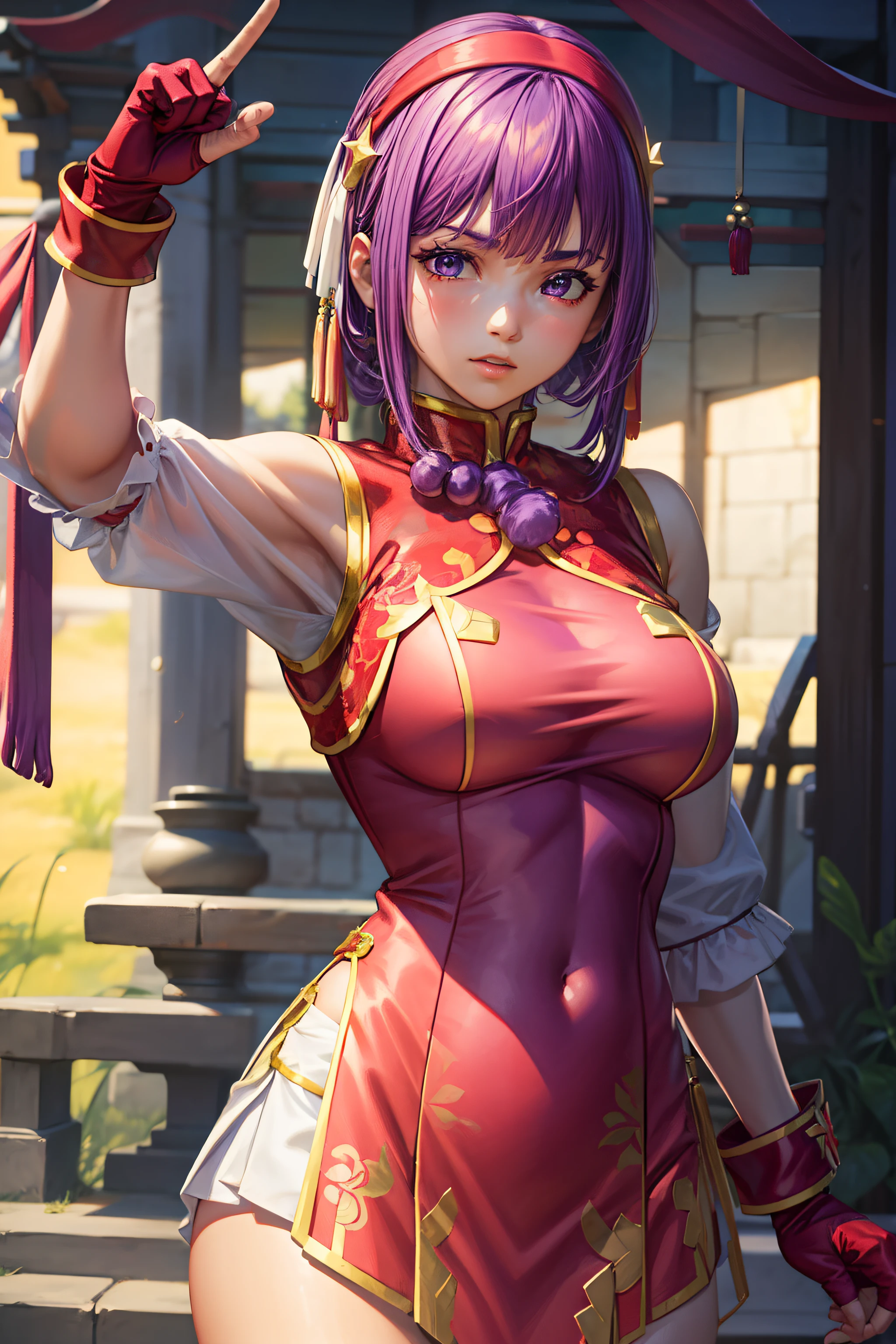 upper body, 1girl, thick lips, solo, AthenaMS, purple hair, red dress, red hairband, yellow star pin, chinese clothes, tatting, gloves, navel, (fingerless gloves), medium breasts, crotch