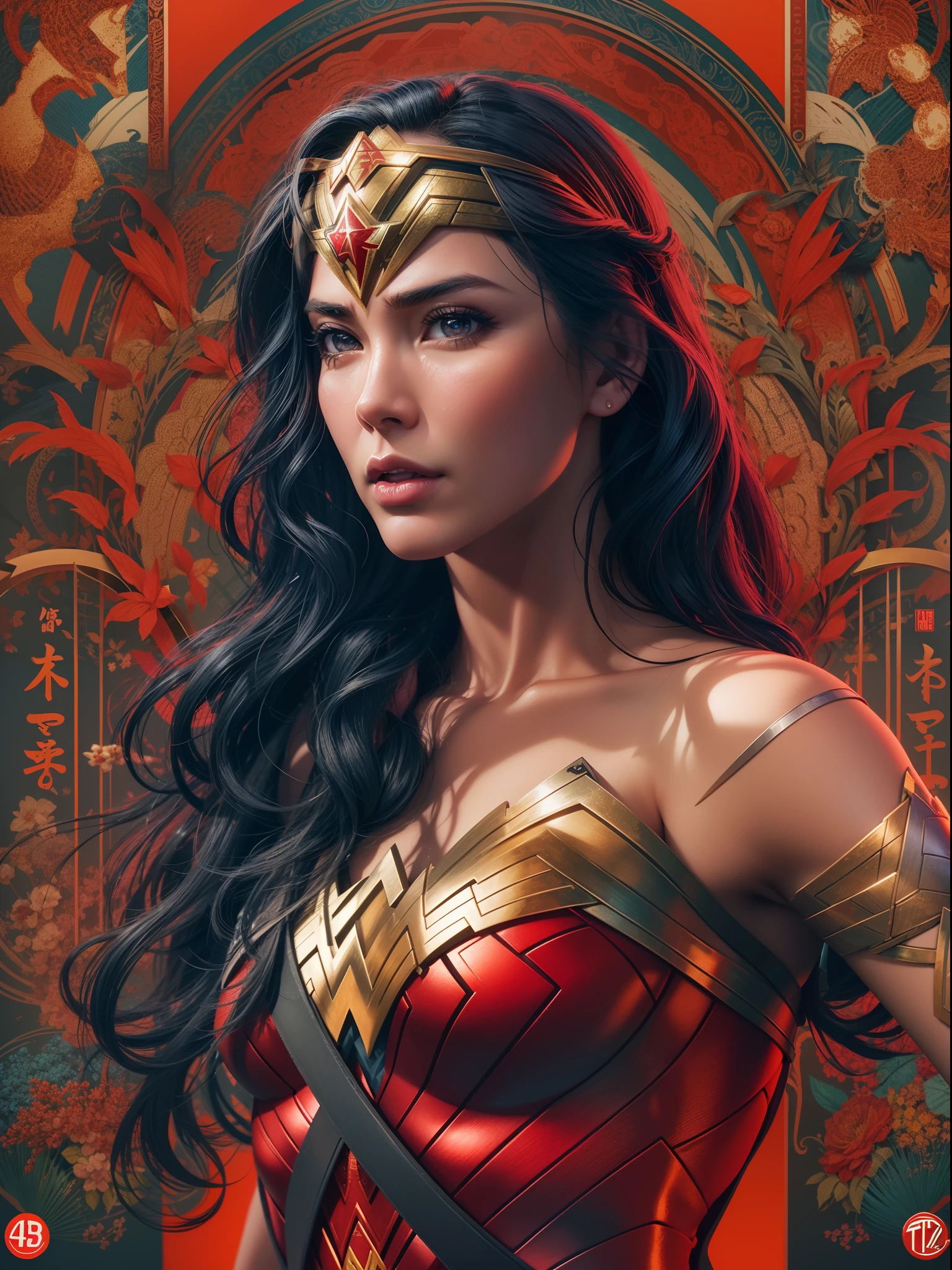 Wonder Woman, TM Samurai, intricate face details, poster style, icons, vibrant colors, vector style, digital art, 4K, intricate details, mesmerizing, professionally made, beautiful vector illustration, 12K resolution, 3D, all characters in detailed full body, highly detailed, vibrant, ultra high quality, Hyperrealism, Photorealism, octane render]