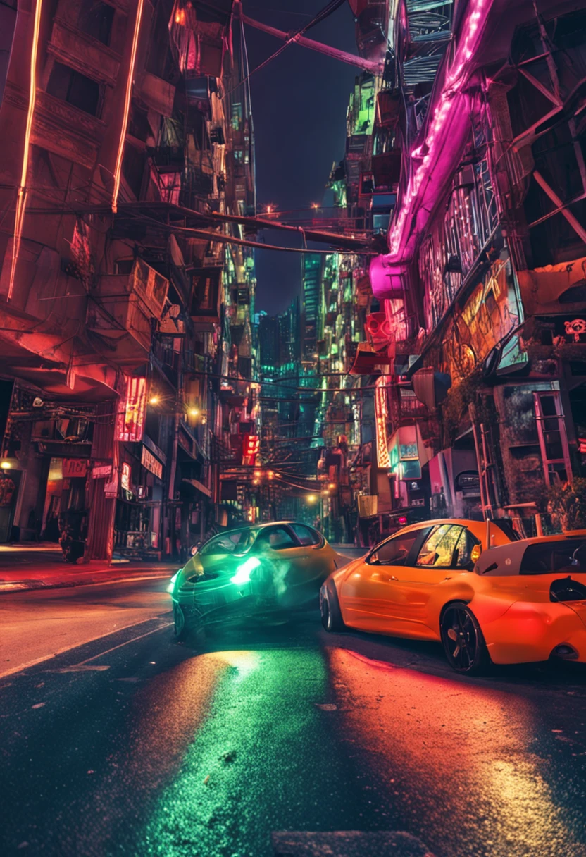 A couple of cars driving down a street next to tall buildings - SeaArt AI