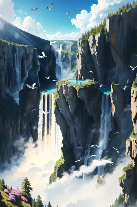 Flying on the cliff, above the very high waterfall, look down on the fluctuating pond, high sunlight, blue sky, white cloud, birds, forest, trees, 8K, masterpiece, best quality, high resolution, extremely full detailed