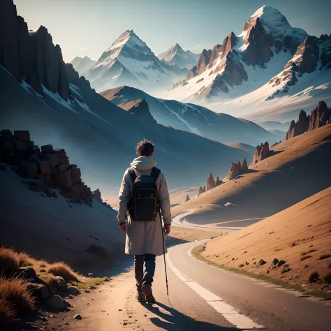 Ultrarealistic 8K Young Disciple, walking towards a mountain