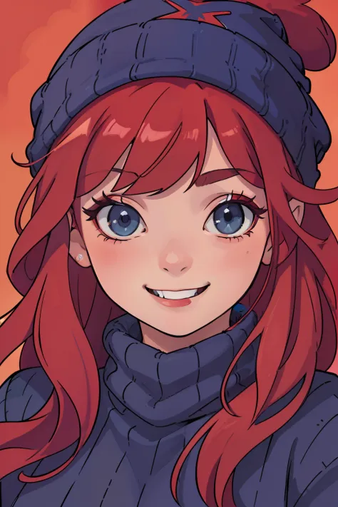 masterpiece, 4k, detailed, dark, gloomy, close up, close portrait, bright colors 1girl, a beuatiful woman with long red hair in a beanie, blue sweater, smiling, happy