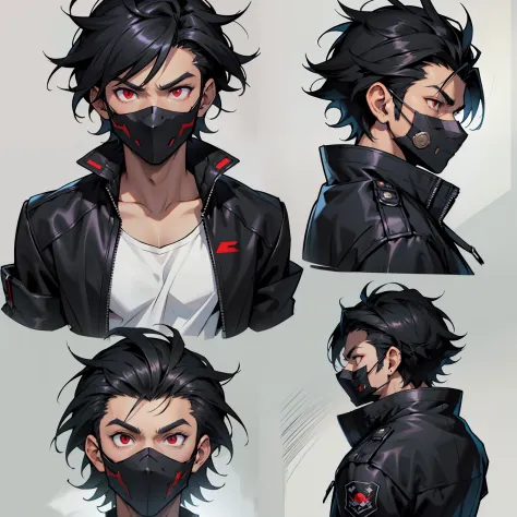 A man with a black jacket over a full white t-shirt, black ClothMask , pushed back black hair , ((character concept art)), ((cha...