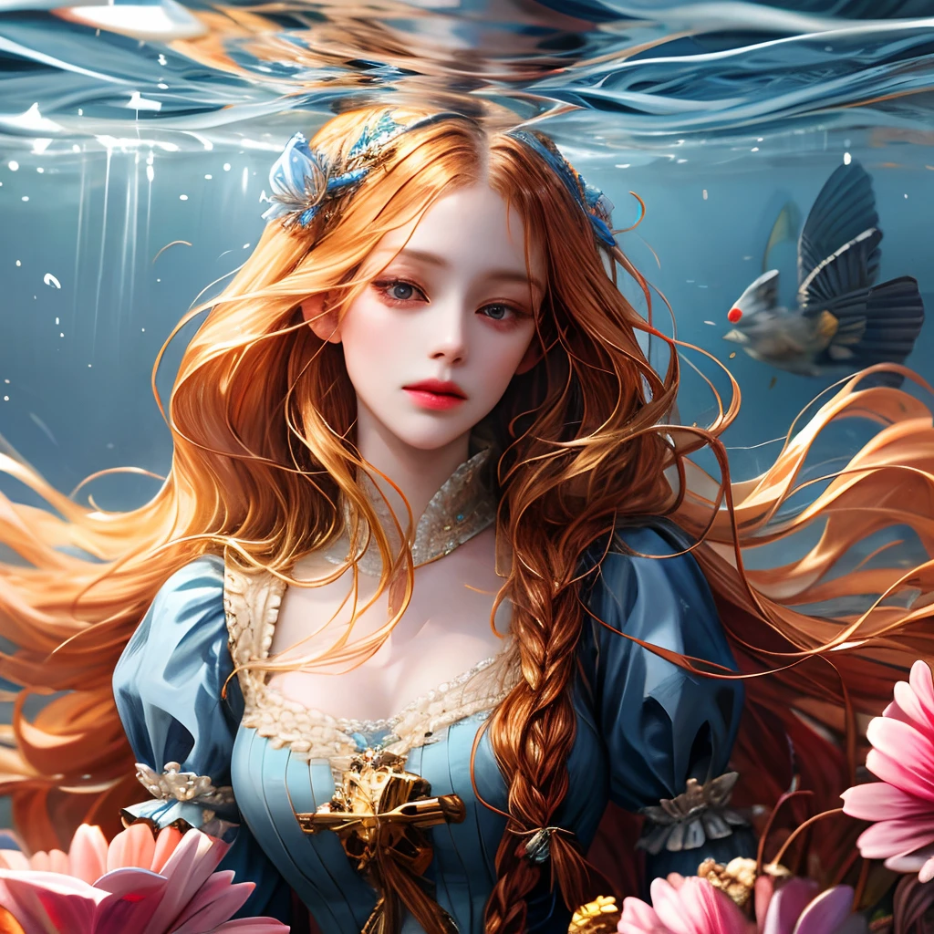 (absurdres, highres, ultra detailed), 1girl, solo, mature, (long hair), Baroque, dress, long sleeve, elegant, holy, colorful, highest detailed, portrait, close up, underwater, floating hair, flower