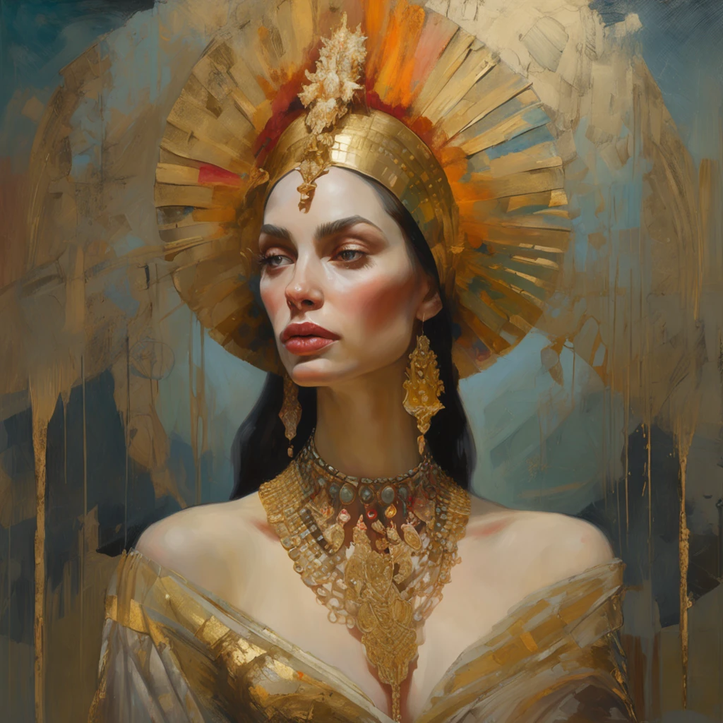 a painting of a woman with a golden headdress and a black dress, Mucha Klimt et Tom Bagshaw, WLOP complexe, exquisite digital illustration, Bel art UHD 4 K, 4k highly detailed digital art, stunning digital illustration, karol bak uhd, a beautiful fantasy empress, Jen Bartel, detailed painting 4 k, 4k detailed digital art