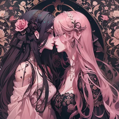 adesivo, fundo simples, portrait, 2 girls, couple, kissing, girl with long hair, beautiful gothic girl, gothic aesthetic, beautiful girl, very beautiful fantasy art, beautiful and elegant female gothic, beautiful detailed fantasy, black and pink color pala...