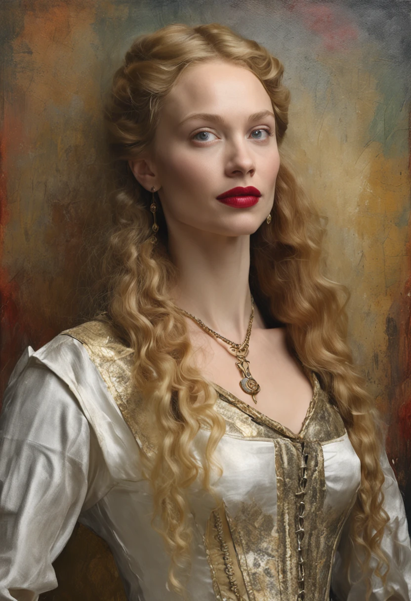 Portrait of a very beautiful medieval young woman Mirena from the film Dracula Untold (2014), feminine image of Mirena from the film Dracula Untold (2014), very beautiful and slender face of Sarah Gadon, long blond thick hair, her hair shimmers with gold, she wears a beautiful medieval European outfit , white linen shirt with elbow sleeves, dark gray and tight corset, low and wide red leather belt around her waist from Dracula Untold (2014), blue eyes, dark gray shadows on her eyelids, long black thick eyelashes, accentuated cheekbones, beautiful sensual red lips, around the 15th century, the Middle Ages, this woman is twenty-six years old -