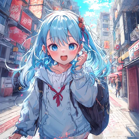 absurderes, hight resolution, (Anime style:1.1), ((masutepiece)), ((Best Quality)), (Ultra-detailed), (Beautiful), 独奏, Beautiful face、(liftup),Cute little girl standing on the street of urban red light district,Wind,Light blue hair, Blue eyes,Casual clothi...