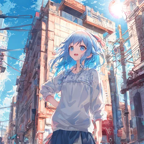 absurderes, hight resolution, (Anime style:1.1), ((masutepiece)), ((Best Quality)), (Ultra-detailed), (Beautiful), 独奏, Beautiful face、(liftup),Cute little girl standing on the street of urban red light district,Wind,Light blue hair, Blue eyes,Casual clothi...