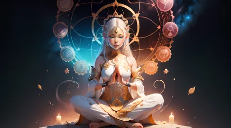 Anime Girl assise en position de lotus avec des fleurs brillantes et une horloge, Elven spirit meditating in space, Elven angel ...