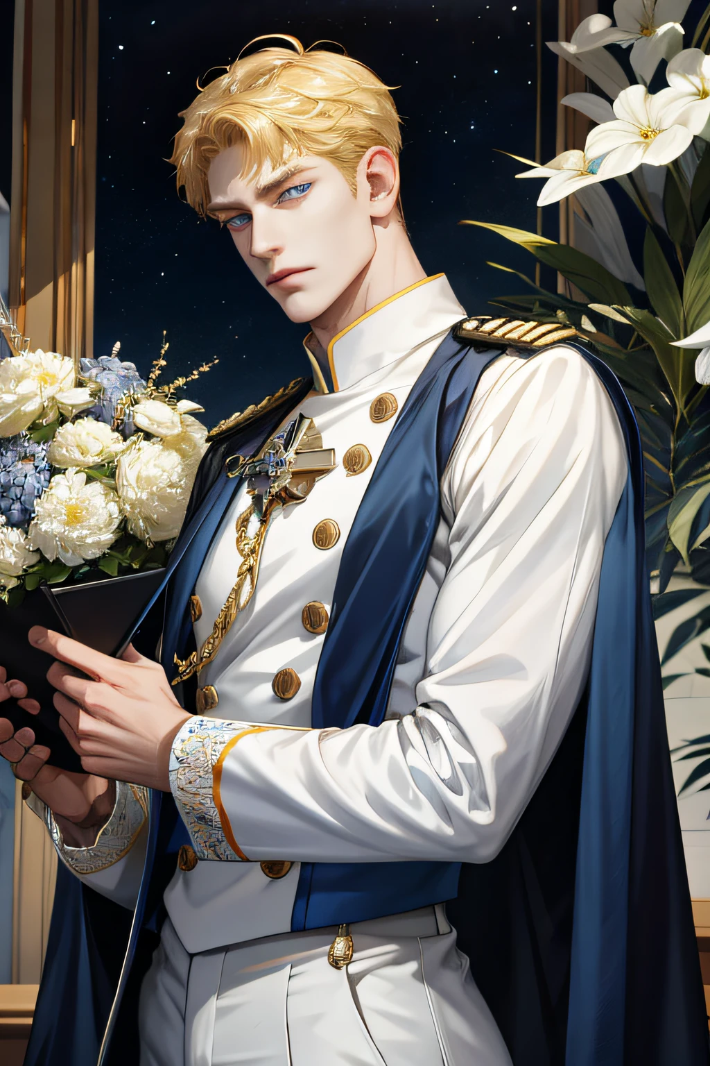 (absurdres, highres, A highly detailed), 1 male, solo, mature, handsome, tall muscular guy, broad shoulders, complex details, Colored, highest details, fantasy, royal, nobleman, admiral, short hair hair, blonde hair, eyes blue, Fleet Commander, navy, oc, white outfit